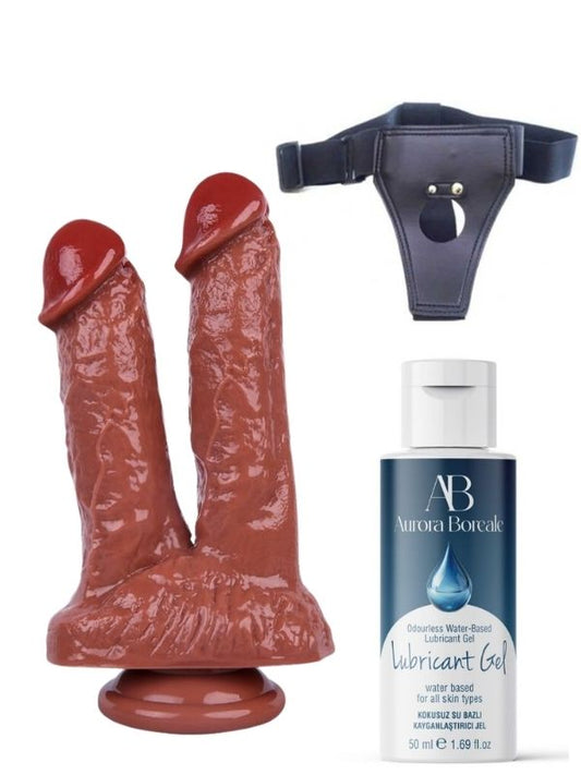 Belden Bağlamalı Kayganlaştırıcı Set Noctis 21cm Kahverengi Çiftli Dildo No:61