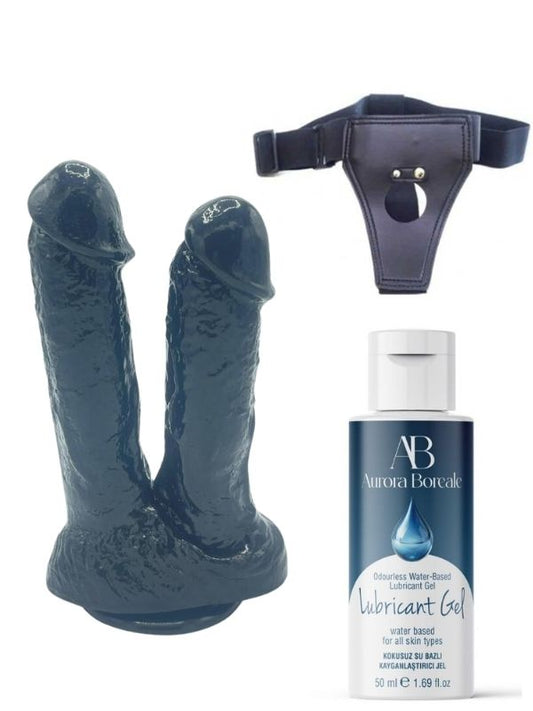 Belden Bağlamalı Kayganlaştırıcı Set Noctis 21cm Siyah Çiftli Dildo No:61