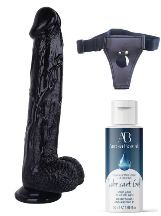 Belden Bağlamalı Kayganlaştırıcı Set Noctis 30cm Siyah Dildo No:26