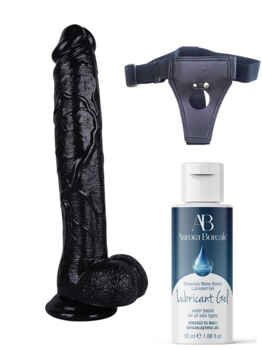 Belden Bağlamalı Kayganlaştırıcı Set Noctis 30cm Siyah Dildo No:39
