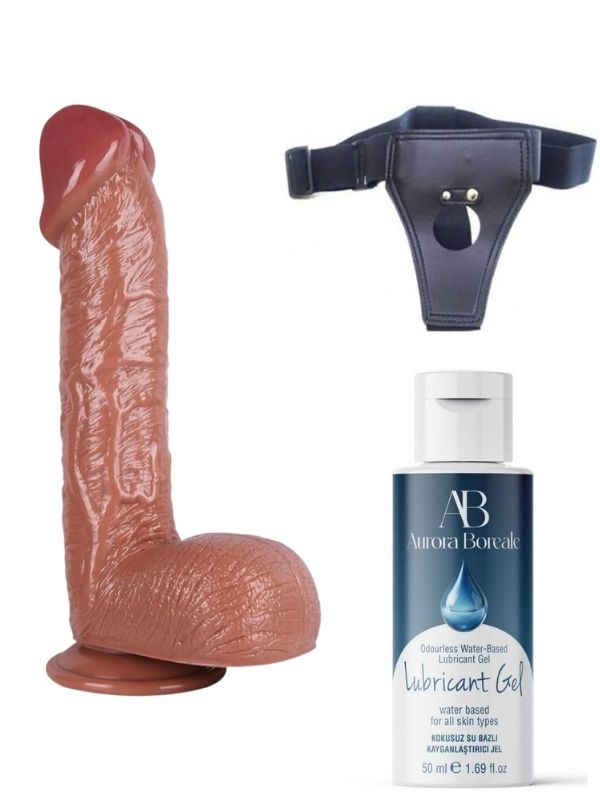 Belden Bağlamalı Kayganlaştırıcı Set Noctis 34cm Kahverengi Dildo No:72