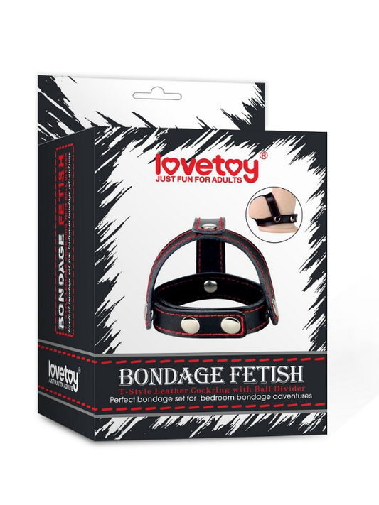 Bondage Fetish T-Style Leather Cockring With Ball Divider