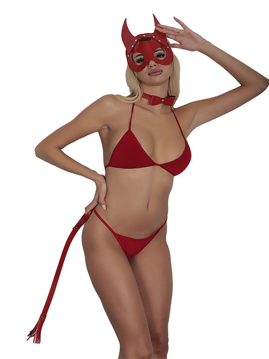 Kırmızı Maskeli Deri 3&apos;lü Harness Set Takım + İç Çamaşır Takımı